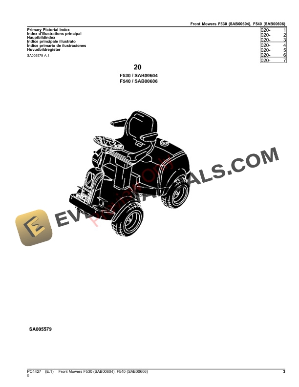 John Deere Front Mowers F530 (SAB00604), F540 (SAB00606) Parts Catalog PC4427 18SEP20-3