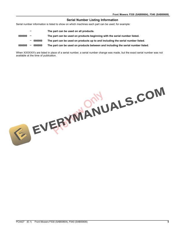 John Deere Front Mowers F530 (SAB00604), F540 (SAB00606) Parts Catalog PC4427 18SEP20-5