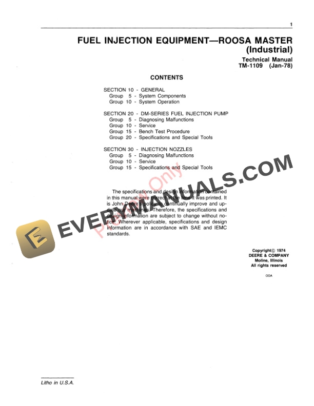 John Deere Fuel Injection Equipment Roosa Master Industrial Technical Manual TM1109 01JAN78 3
