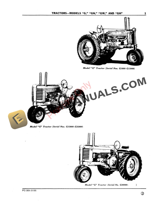 John Deere G, GH, GN, GW Tractor Parts Catalog PC369 01JUN59 4 John Deere G, GH, GN, GW Tractor Parts Catalog PC369 01JUN59-3