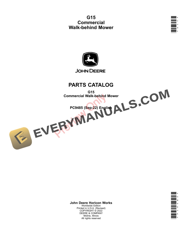 John Deere G15 COMMERCIAL WALK-BEHIND MOWER Parts Catalog PC9485 22SEP22-1
