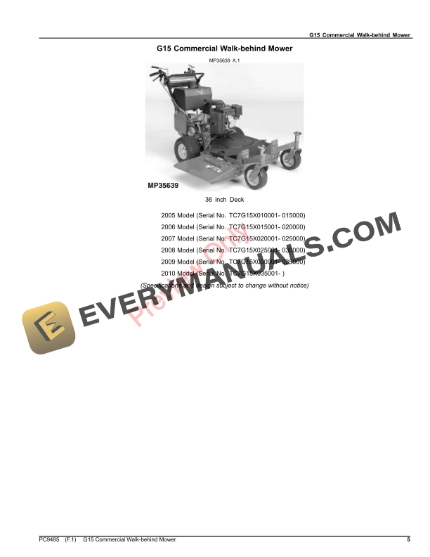 John Deere G15 COMMERCIAL WALK-BEHIND MOWER Parts Catalog PC9485 22SEP22-5