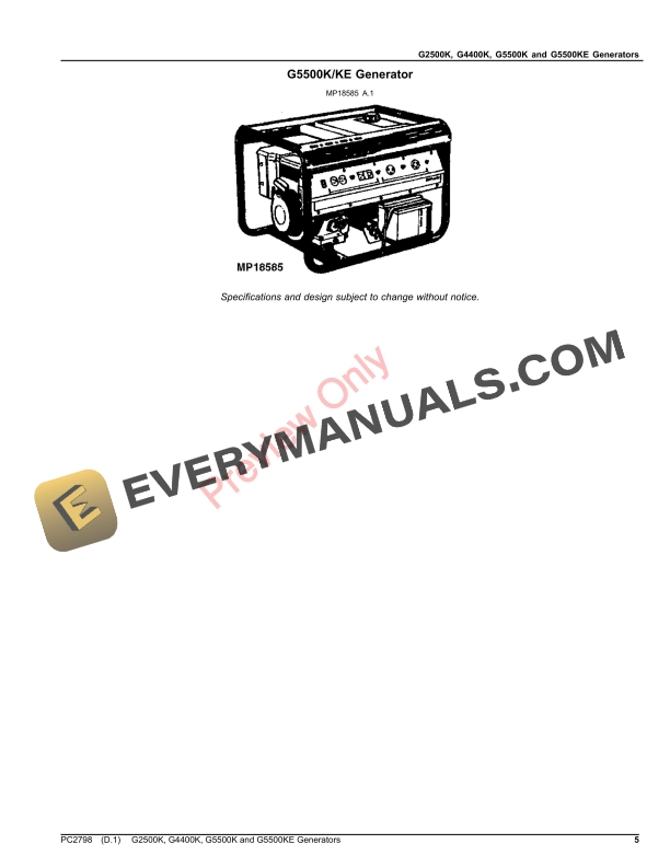 John Deere G2500K, G4400K, G5500K and G5500KE Generators Parts Catalog PC2798 4AUG21-5