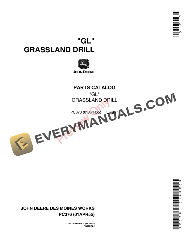 John Deere GL Grassland Drill Parts Catalog PC376 01APR55-1