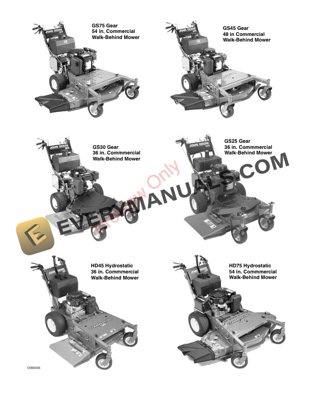 John Deere GS25 GS30 GS45 GS75 HD45 and HD75 Commercial Walk Technical Manual TM1598 01NOV97 2