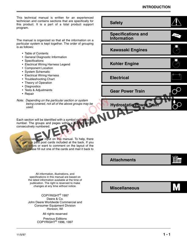 John Deere GS25 GS30 GS45 GS75 HD45 and HD75 Commercial Walk Technical Manual TM1598 01NOV97 3