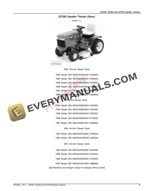John Deere GT242, GT262 AND GT275 GARDEN TRACTORS Parts Catalog PC2342 31OCT22-5