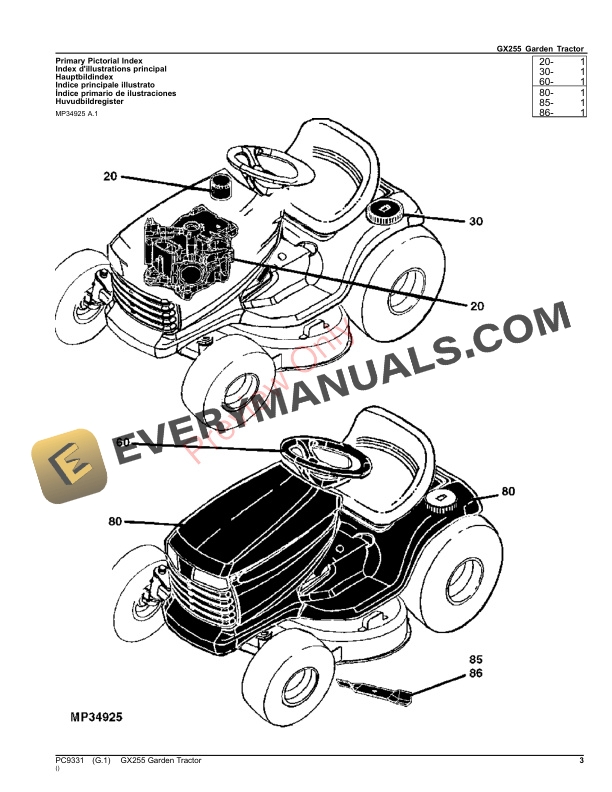 John Deere GX255 GARDEN TRACTOR, MOWER DECK AND MCS Parts Catalog PC9331 10SEP23 4 John Deere GX255 GARDEN TRACTOR, MOWER DECK AND MCS Parts Catalog PC9331 10SEP23-3