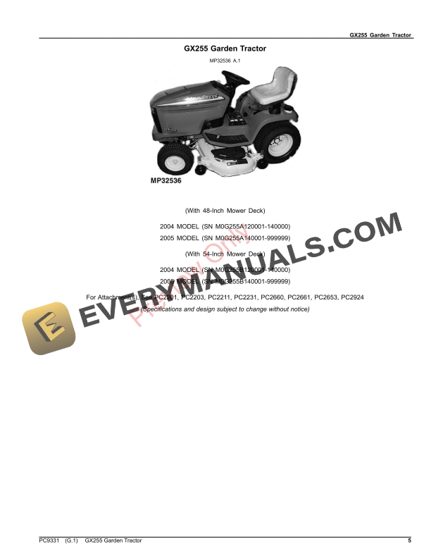 John Deere GX255 GARDEN TRACTOR, MOWER DECK AND MCS Parts Catalog PC9331 10SEP23 6 John Deere GX255 GARDEN TRACTOR, MOWER DECK AND MCS Parts Catalog PC9331 10SEP23-5