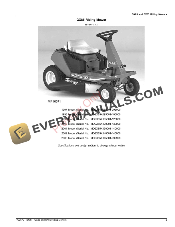 John Deere GX85 AND SX85 RIDING MOWERS Parts Catalog PC2579 06AUG23-5