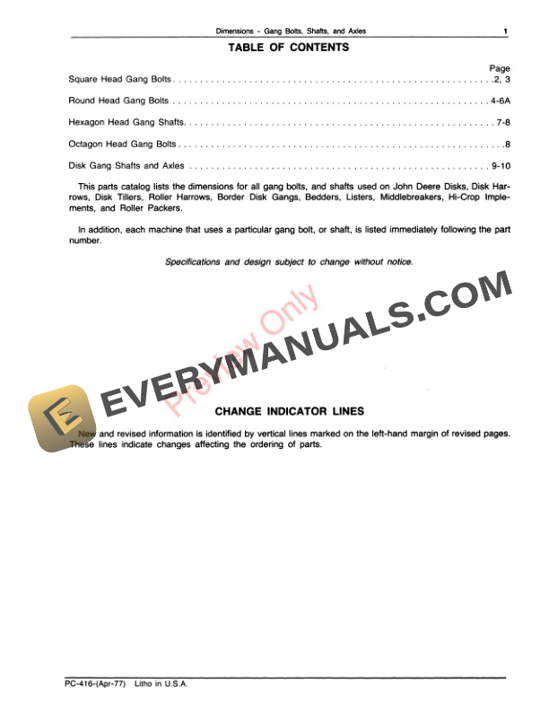 John Deere Gang Bolt, Shaft and Axle Dimensions Parts Catalog PC416 01APR77-3