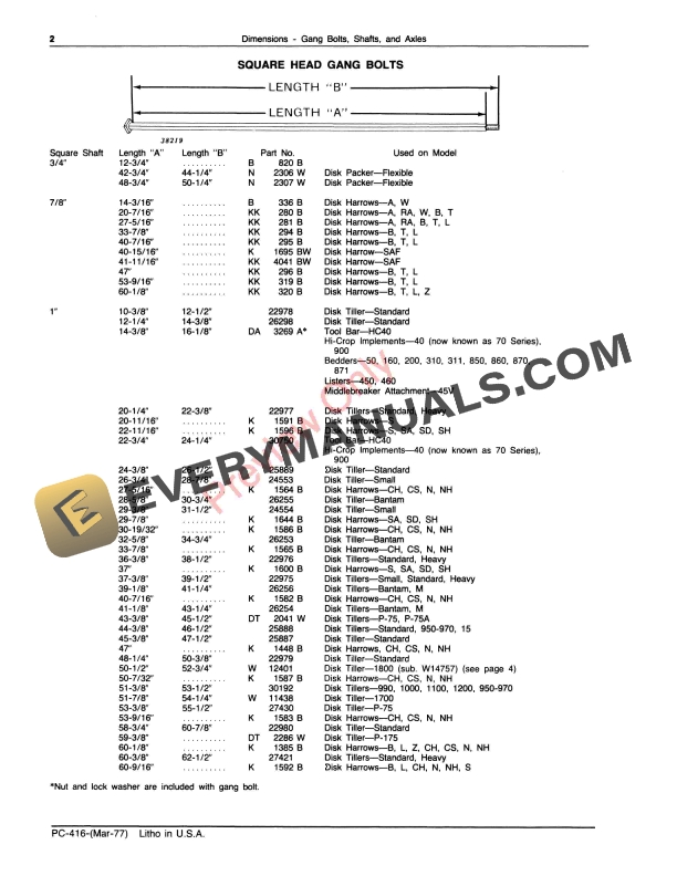 John Deere Gang Bolt, Shaft and Axle Dimensions Parts Catalog PC416 01APR77-4