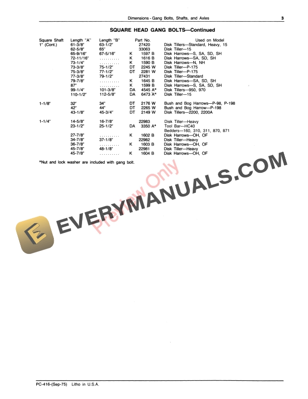 John Deere Gang Bolt, Shaft and Axle Dimensions Parts Catalog PC416 01APR77-5