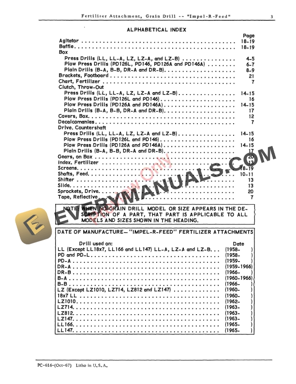 John Deere Grain Drill ‘Impel-R-Feed Fertilizer Attachment Parts Catalog PC616 01OCT67-5