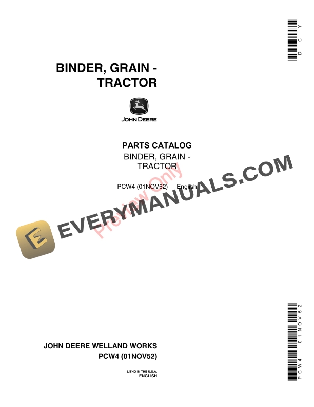 John Deere Grain-Tractor Binder Parts Catalog PCW4 01NOV52-1