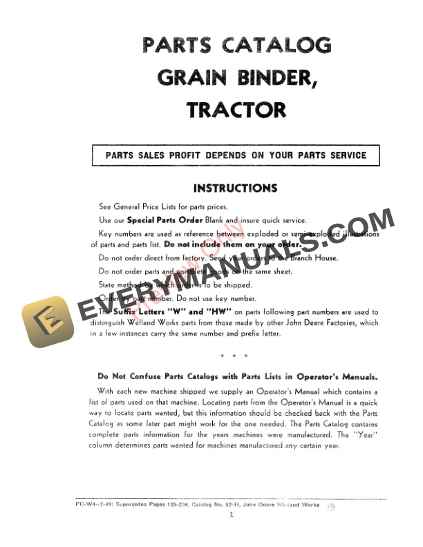 John Deere Grain-Tractor Binder Parts Catalog PCW4 01NOV52-3
