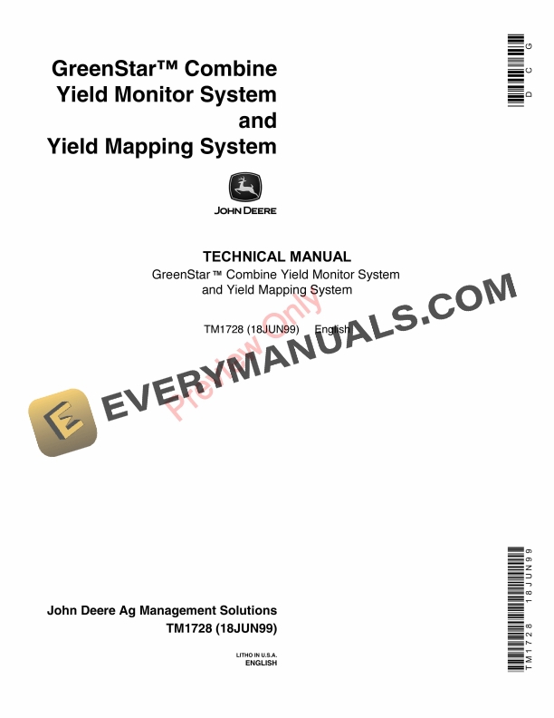 John Deere GreenStar 00 and 10 Series Combine Yield Monitor and Mapping System Technical Manual TM1728 18JUN99-1