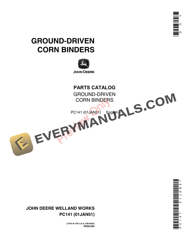 John Deere Ground Driven Corn Binder Parts Catalog PC141 01JAN51-1