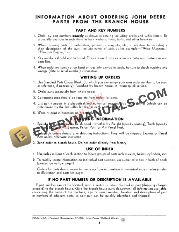 John Deere Ground Driven Corn Binder Parts Catalog PC141 01JAN51-3