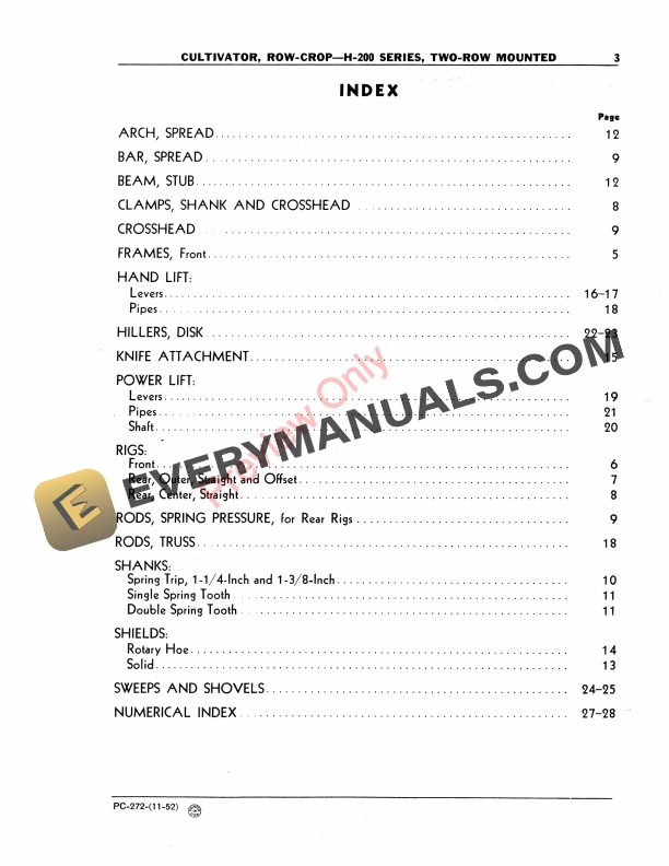 John Deere H-200 Series Row-Crop Cultivator Two-Row Mounted Parts Catalog PC272 01NOV52-5