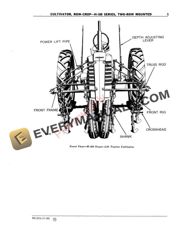 John Deere H-300 Series Row-Crop Cultivator Parts Catalog PC273 01NOV52-3