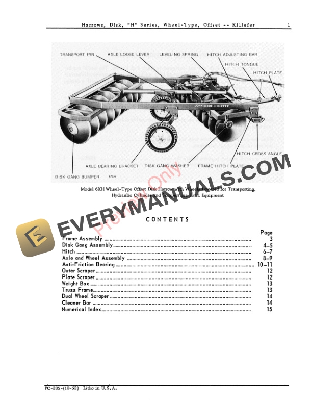 John Deere H Disk Harrow, Wheel Type, Offset Parts Catalog PC205 01OCT62-3
