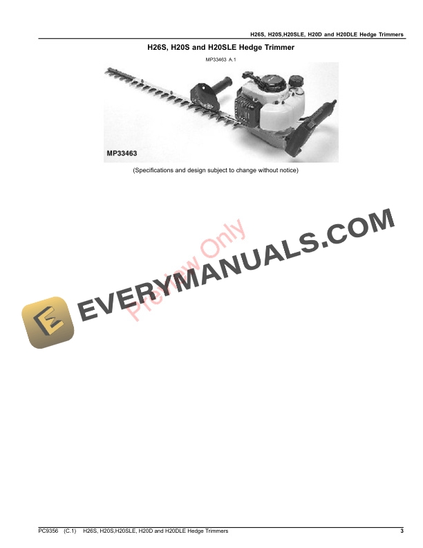 John Deere H20S, H20SLE, H20D, H26S AND H20DLE HEDGE TRIMMERS Parts Catalog PC9356 21JUN17-3