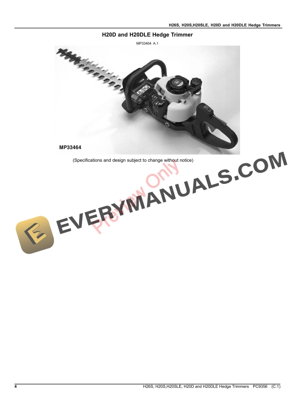 John Deere H20S, H20SLE, H20D, H26S AND H20DLE HEDGE TRIMMERS Parts Catalog PC9356 21JUN17-4