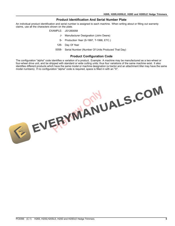 John Deere H20S, H20SLE, H20D, H26S AND H20DLE HEDGE TRIMMERS Parts Catalog PC9356 21JUN17-5