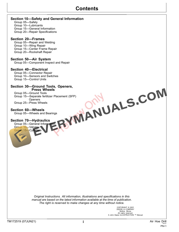 John Deere H500 and H500F Series Air Hoe Drill Technical Manual TM172519 07JUN21 3