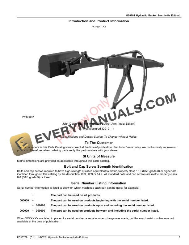 John Deere HB0701 Hydraulic Bucket Arm Parts Catalog PC13769 20SEP21-3