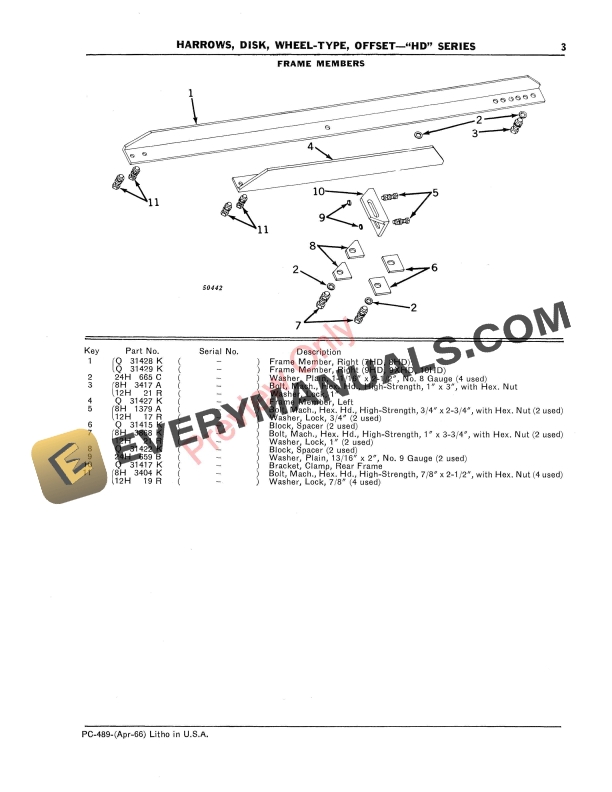 John Deere HD Series Offset Wheel-Type Disk Harrows Parts Catalog PC489 01APR66-5