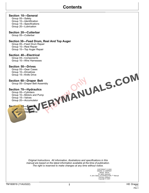 John Deere HD35F HD40F HD45F HD50F HD35X HD40X HD45X HD35R HD40R HD45R HD50R Draper Repair Technical Manual TM160819 11AUG22 3