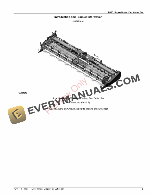 John Deere HD35F Hinged Draper Flex Cutter Bar Parts Catalog PC13714 16NOV23-5