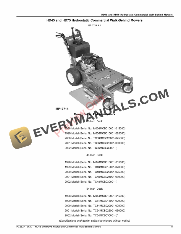 John Deere HD45 and HD75 Hydrostatic Commercial Walk-Behind Mowers Parts Catalog PC2627 07JAN22-5