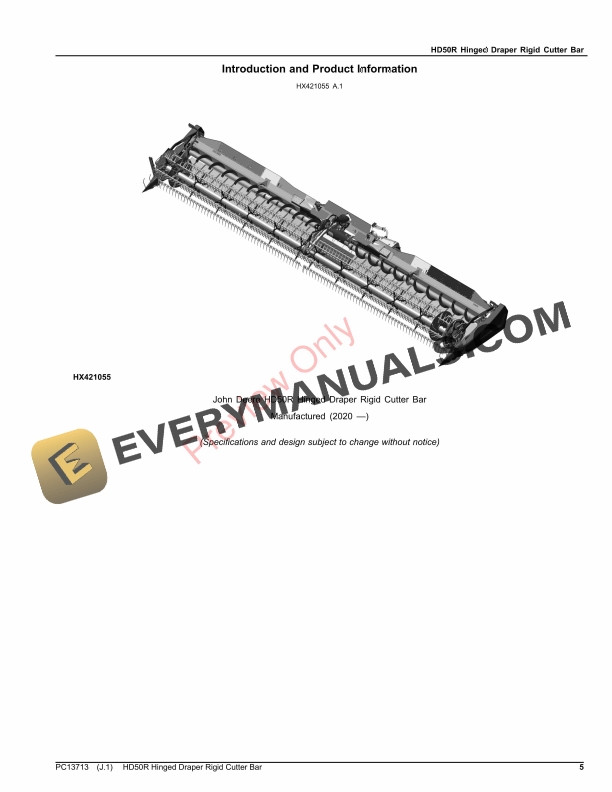 John Deere HD50R Hinged Draper Rigid Cutter Bar Parts Catalog PC13713 16NOV23-5