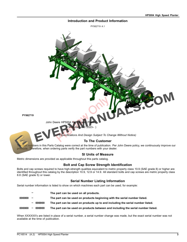 John Deere HP5004 High Speed Planter Parts Catalog PC16514 25JUN23-3