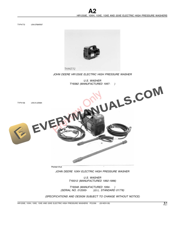 John Deere HR1250E, 10XH, 10XE, 15XE, 20XE Electric High Parts Catalog PC2356 03NOV00-3