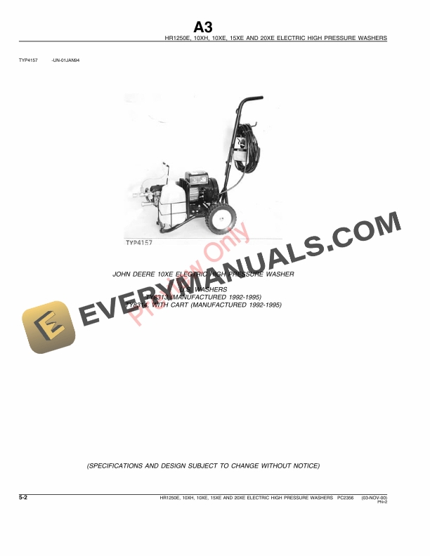 John Deere HR1250E, 10XH, 10XE, 15XE, 20XE Electric High Parts Catalog PC2356 03NOV00-4