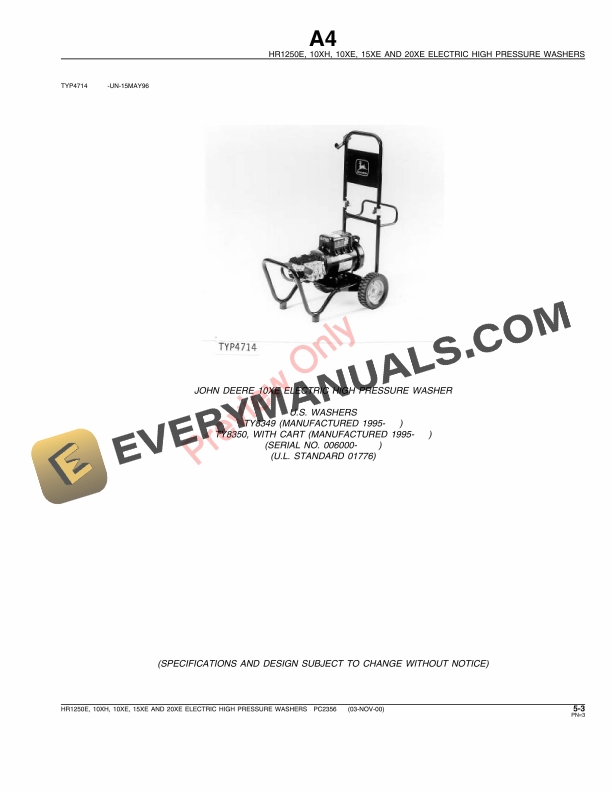 John Deere HR1250E, 10XH, 10XE, 15XE, 20XE Electric High Parts Catalog PC2356 03NOV00-5