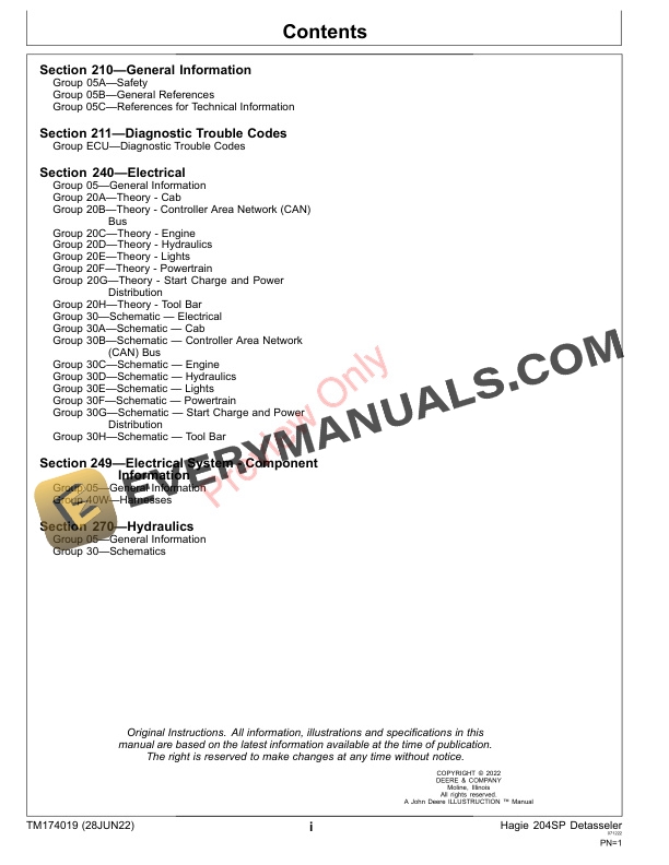 John Deere Hagie 204SP Detasseler Technical Technical Manual TM174019 28JUN22 3