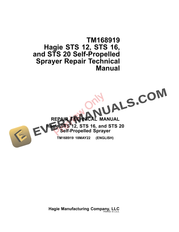 John Deere Hagie STS 12, STS 16, and STS 20 Self Repair Technical Manual TM168919 18MAY22-1