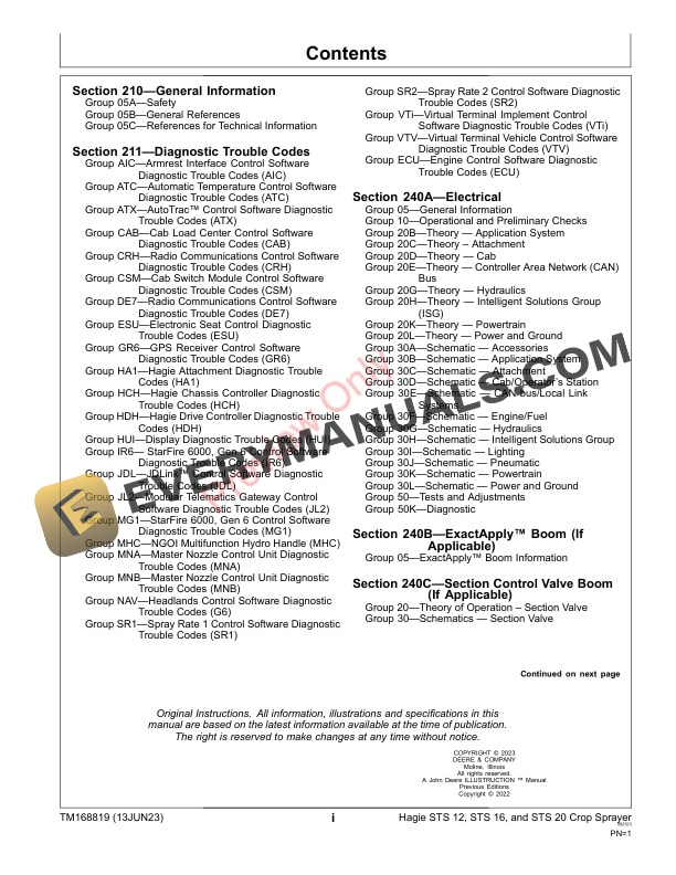 John Deere Hagie STS 12. STS 16 and STS 20 022001 Crop Sprayer Diagnostic Technical Manual TM168819 13JUN23 3