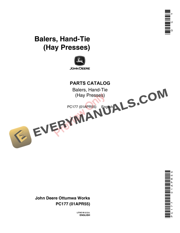 John Deere Hand-Tie Balers (Hay Presses) Parts Catalog PC177 01APR55-1