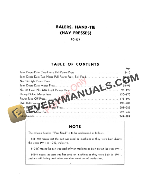 John Deere Hand-Tie Balers (Hay Presses) Parts Catalog PC177 01APR55-3
