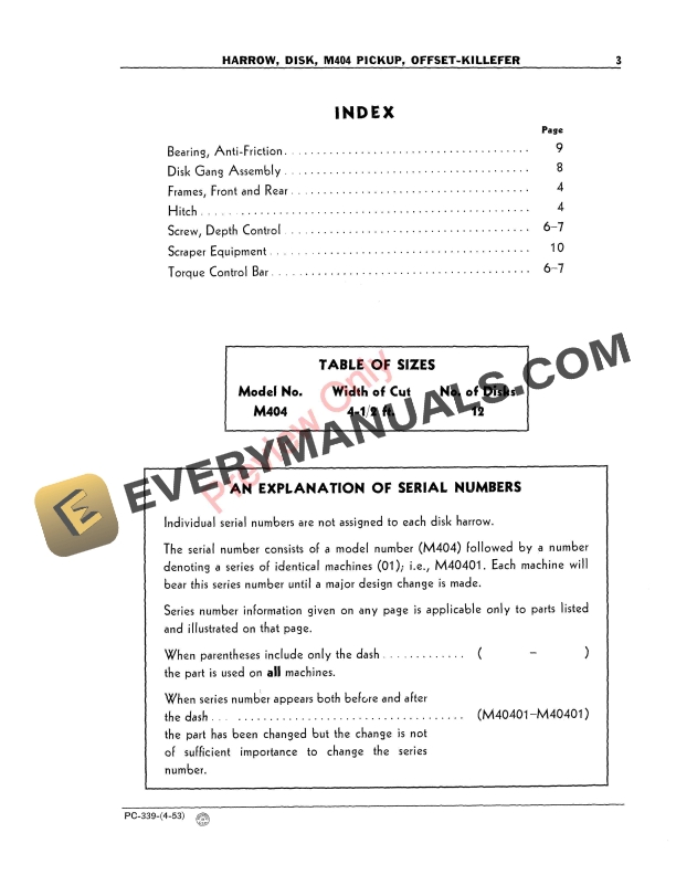 John Deere Harrow, Disk, M404 Pickup, Offset – Killefer Parts Catalog PC339 01APR53-5
