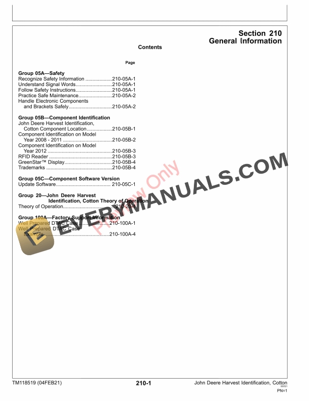 John Deere Harvest Identification Cotton PCXL02B100000 149999 Technical Manual TM118519 04FEB21 5