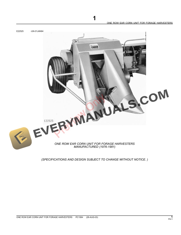 John Deere Harvesting Corn Unit (1-Row) Parts Catalog PC1584 11MAY11-3