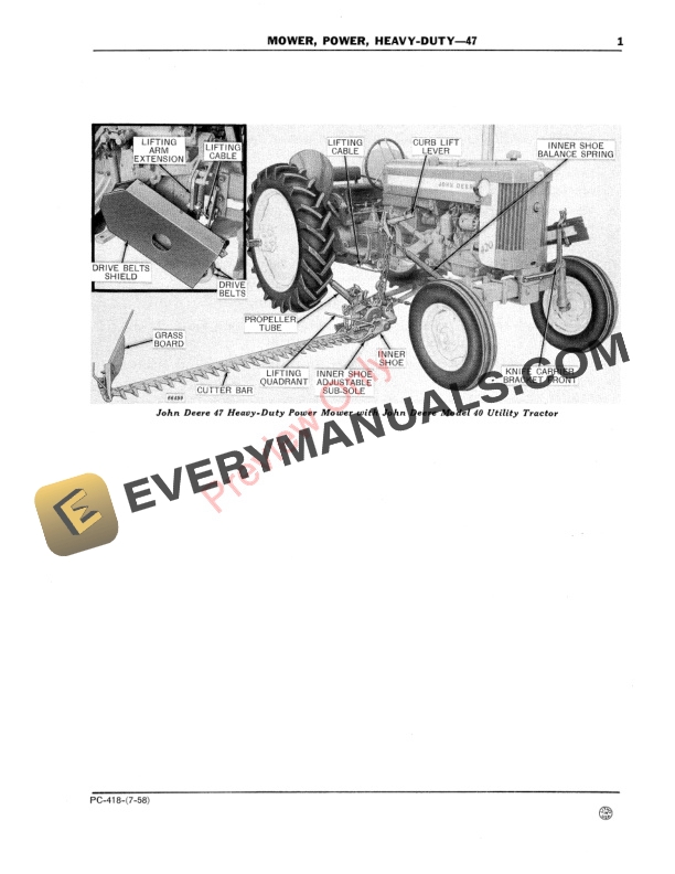 John Deere Heavy-Duty Power Mower – 47 Parts Catalog PC418 01JUL58-3