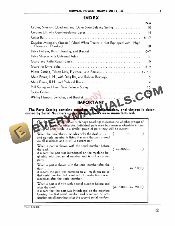 John Deere Heavy-Duty Power Mower – 47 Parts Catalog PC418 01JUL58-5